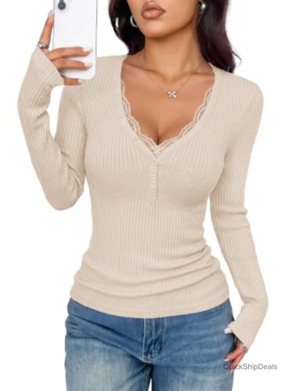 Lace Trim Ribbed Knit Henley Long Sleeve V-Neck Shirt